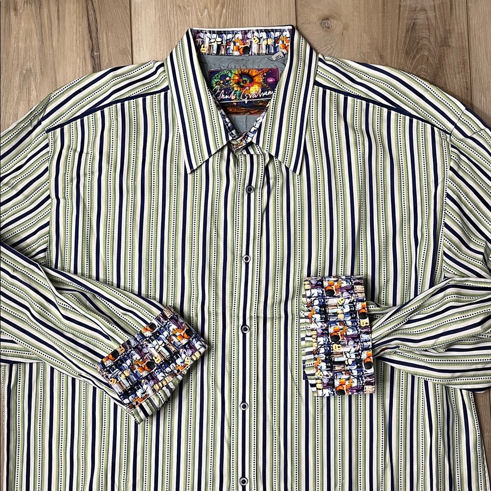 Robert Graham Green & Navy Stripe Shirt Flip Cuff Instruments Size 3XL
